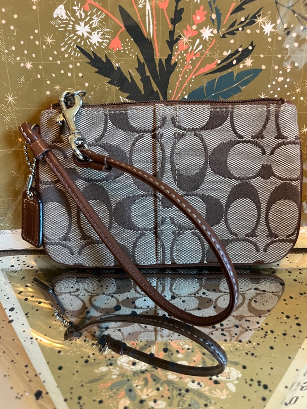EUC Coach Beige Signature Canvas Wristlet with Brown Trim